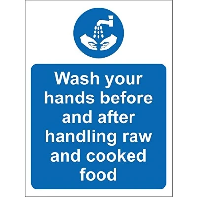 Image of Hygiene catering Wash your hands before and after handling raw cooked food safety sign 1.2mm Rigid plastic 200mm x 150mm