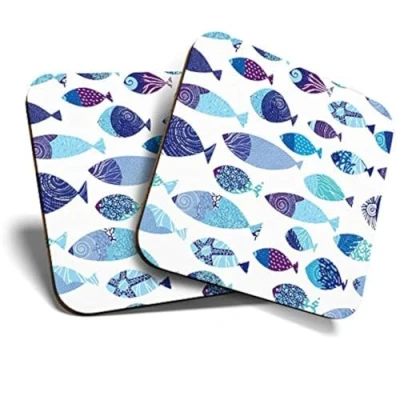 Image of 2 x Square Coasters Underwater Fish Reef Pattern Sea Cork Backed Home Kitchen Accessory Tea Coffee Mug Mat #46391