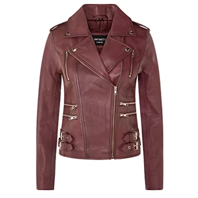 Image of Ladies Retro Burgundy 100% Nappa Leather Biker Jacket XL