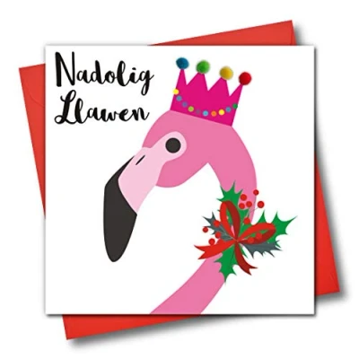 Image of Welsh Language Embellished Christmas Greeting Card, Nadolig Llawen, Happy Christmas, Flamingo