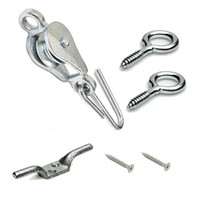 Image of Banner® Washing Line Pulley with Screw Eyes and Cleat Hooks Screws Steel Galvanized (1 x Pulley, 2 Eyes, 1 Hook)