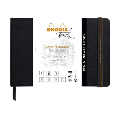 Image of RHODIA TOUCH 116126C Rigid Pen&amp;Inkwash Book A5 Notebook 64 pages Clairefontaine Paper Lavis Technique Uni Blanc 200 g/m for Pencil Drawing, Felt Pen, Charcoal, Gouache, Indian Ink