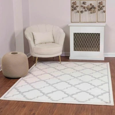 Image of Livabliss Vannes Geometric Rug Scandi Area Rugs Living Room 120x170 cm, Dining, Kitchen Neutral, Abstract Patterned Rugs, Boho Style, Easy Care Pile Large Rug, White and Light Grey