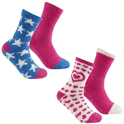 Image of Sock Stack Slipper Socks Pack of 4 Women&#039;s Cosy Gripper Slippers Hearts Stars Winter Gift For Ladies With Non Slip Soles, B99