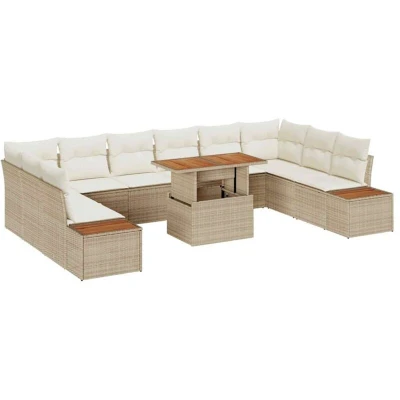 Image of vidaXL 11 Piece Garden Dining Set with Cushions Beige Poly Rattan Acacia