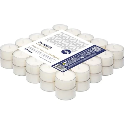 Image of Horeca Candles Tea Light in Clear Cup 50 Pack 8 Hours Burn Time White Wax Smokeless, Dripless, Unscented Bulk