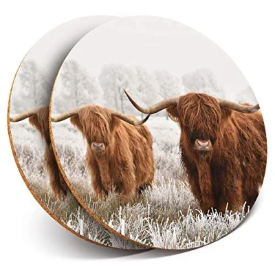 Image of 2 x Round Coasters Winter Highland Cow Scotland Cork Backed Home Kitchen Accessory Tea Coffee Mug Mat #14591