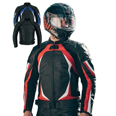 Image of Texpeed Mens Leather Motorcycle Jacket Perforated Racing Motorbike Suit Top With Genuine Biker CE Armour (EN 1621 1) Protection Red XL