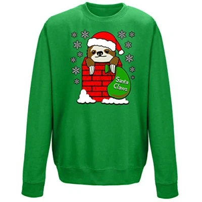 Image of Santa Claws Cute Sloth in Chimney Festive Christmas Sweatshirt Green (XXL)