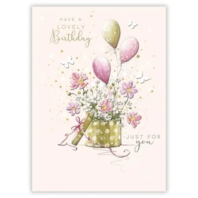 Image of Female Birthday Card for Women General Her Balloons and Butterflies Artistic Floral Design Made in the UK Eco Friendly