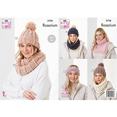 Image of King Cole Ladies Rosarium Mega Chunky Knitting Pattern Easy Knit Headband Snood &amp; Hat (5756)