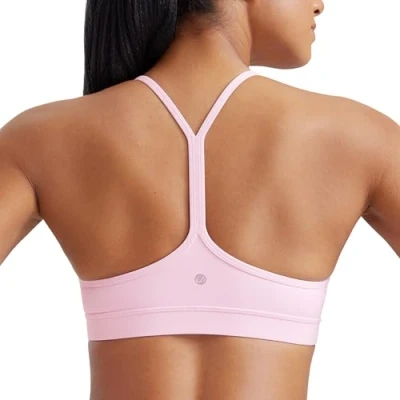 Image of CRZ Yoga Women&#039;s Butterluxe Padded Sports Bra Low Impact Y Back Strappy Racerback Spaghetti Straps Gym Bras Pink Peony XS