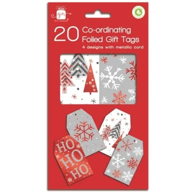 Image of Christmas Gift Tags Metallic Red White &amp; Silver Stylish Xmas Pack 20 Co Ordinating Foiled