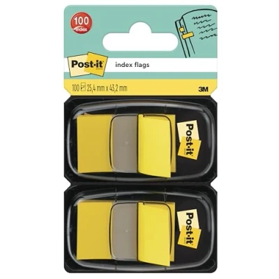 Image of Post it Index Flags, Medium, Yellow, 2 Dispensers 25.4 mm x 43.2 mm, 100 Flags To Mark, Highlight or Color Code Important Information