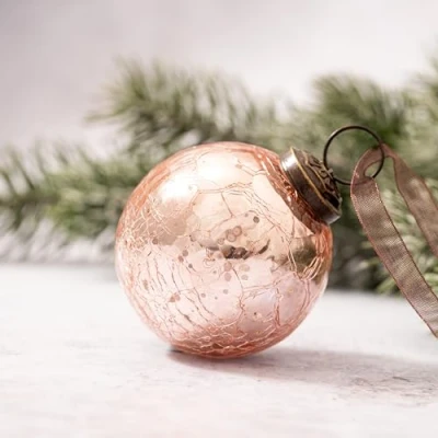 Image of Arthur Cameron Crackle Glass Christmas Tree Bauble Hanging Ball Decoration (2&quot;, Rose)