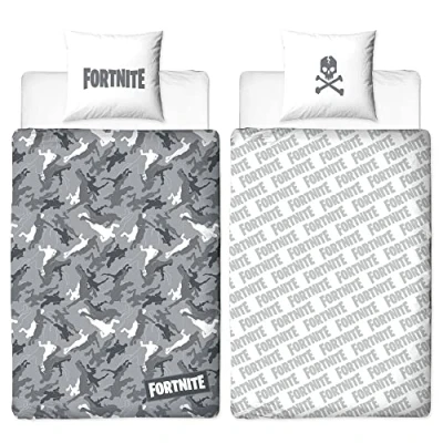 Image of BERONAGE Fortnite Reversible Bed Linen Grey 135 x 200 cm + 80 100% Cotton Renforcé Quality Children&#039;s Battle Royale Loot Lama Dance Lake Salty Tilted Skins 2 Designs Zip