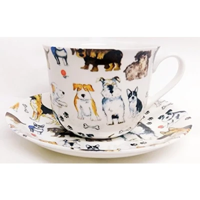 Image of Dogs Breakfast Cup &amp; Saucer Fine Bone China Large Collage Hand Decorated in The U.K.