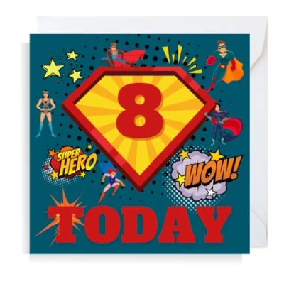 Image of Second Ave Superhero 8th Birthday Age 8 Square Children&#039;s Kids Greeting Card for Boy or Girl
