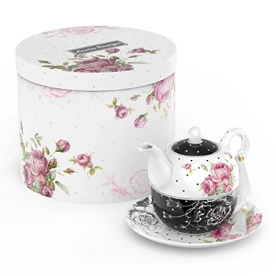 Image of London Boutique Tea for One Teapot Teacup Saucer Set Afternoon 1 New Bone China Vintage Flora Gift Women 350m (Black)
