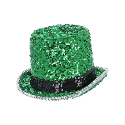 Image of Smiffys Fever Deluxe Felt &amp; Sequin Top Hat, Green with Elastic Inner Rim, Accessories Fancy Dress, Adult Dress Up Hats