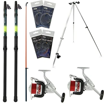 Image of 2x Beach Caster Sea Fishing Telescopic 12ft Rod &amp; Reel Setup 20lb Red Line Tripod Feathers Rigs
