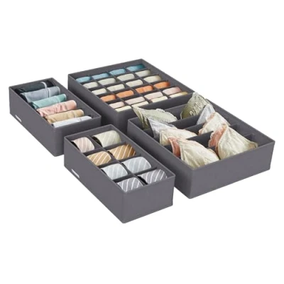 Image of SONGMICS Set of 4 Underwear Drawer Organisers, Dividers, Foldable, for Bras Undies Socks Ties, Fabric Storage Boxes Closet Wardrobe Shelves, Slate Grey RUS04GY