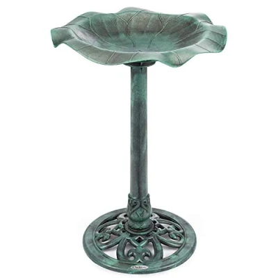 Image of CHRISTOW Plastic Resin Bird Bath for Garden, Leaf Shaped Pedestal Birdbath, Traditional Style, Rustic Metal Effect, Standing Outdoor Water Bowl, 60cm x 43cm (Green)