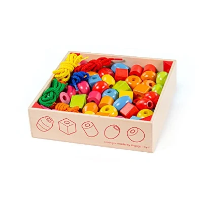 Image of Bigjigs Crate of Lacing Beads, Wooden Toys, Toy, Threading Toys For 3 Year Olds, Toddler Fine Motor Skills