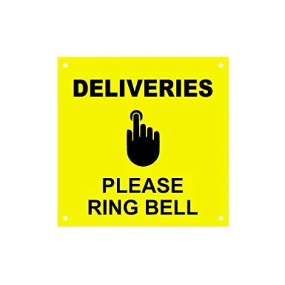 Image of DELIVERIES Please Ring Bell, Entrance Notice Sign Waterproof Acrylic Drill Holes (Yellow)