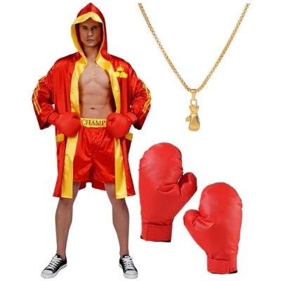 Image of Adult Men Boxing Costume Heavyweight World Champion Boxer Includes Robe, Necklace, Gloves and Shorts, Red, One size