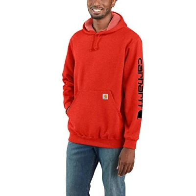 Image of Carhartt Men&#039;s Loose Fit Midweight Logo Sleeve Graphic Sweatshirt Hooded Sweatshirt, Currant Heather, XS