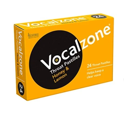 Image of Vocalzone Throat Pastilles Honey &amp; Lemon 24 for Sore Throats and Hoarseness When Overusing Your Voice. Produced Sold in The United Kingdom Since 1912.