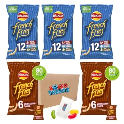 Image of Walkers French Fries Variety Multipack Crisps 48x18g (12 X Ready Salted, 12 Cheese &amp; onion, Salt 7 Vinegar, Worcester Sauce) Boxed Treatz