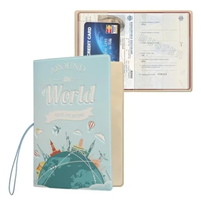 Image of kwmobile 1x Passport Holder Protective Cover PVC and Plastic with 3D Print for Men Women Essential Travel Accessory Around the World Light Blue/White/Green