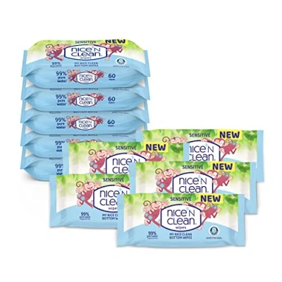 Image of Nice &#039;N Clean My Bottom Wipes Flushable for Toddlers, Plastic free and Suitable Sensitive Skin, Biodegradable Kids (60 x 10 packs 600 Wet Wipes)