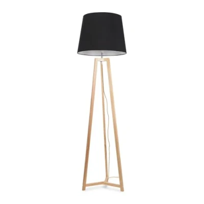 Image of Natural Wood Tripod Floor Lamp with Black Tapered Fabric Lampshade Living Room Light LED Bulb Included