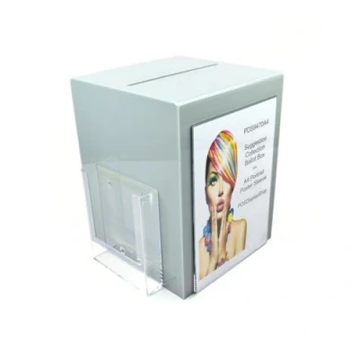 Image of Pos Display Shop Grey Acrylic Collection Box / Comments Suggestion Ballot Feedback with A5 Leaflet Holder + A4 Portrait Poster PDS9470A4