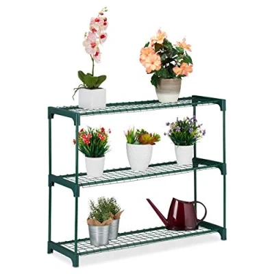 Image of Relaxdays Plant Stand, 3 Tiers, Storage for Flower Pots, Indoor, Iron &amp; Plastic, H x W D 74.5 91 28.5, Green, Steel, Pack of 1