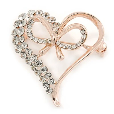 Image of Avalaya Clear Crystal Open Heart with Bow Brooch in Gold Plated Metal 40mm
