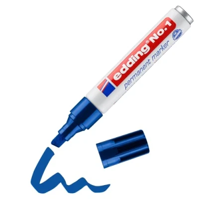 Image of edding No. 1 permanent marker blue pen chisel nib 5 mm waterproof, smudge proof, quick drying multi use marker, pocket sized for cardboard, plastic, wood, metal, glass