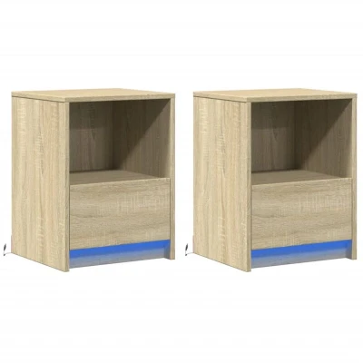 Image of vidaXL Bedside Cabinets with RGB LED Lights Set of 2 Sonoma Oak Engineered Wood Bedroom/Living Room 38x34x61 cm Modern Nightstand Drawer USB Powered