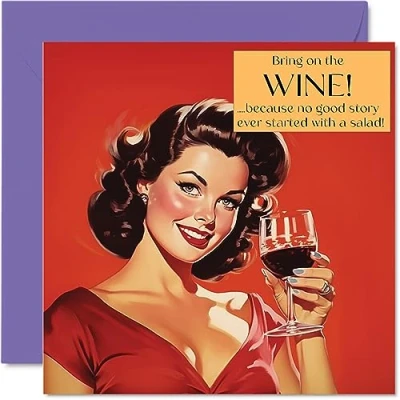 Image of Fun Birthday Cards for Women Bring On The Wine Card Sister Daughter Bestie Work Colleague, 145mm x Joke Humour Banter Bday Greeting