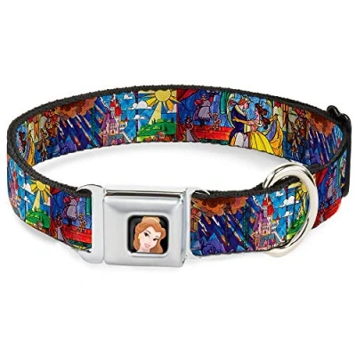 Image of Buckle Down Seatbelt Dog Collar Beauty &amp; the Beast Stained Glass Scenes 1&quot; Wide Fits 9 15&quot; Neck Small