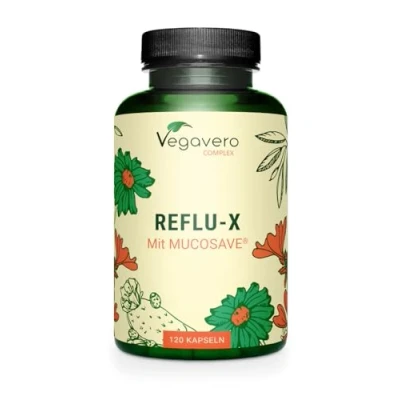Image of Vegavero Reflu X Complex Natural Antacid Stomach Capsules for Reflux and Gastritis with Mucosave®, Olive Leaf Extract, Sodium Alginate, Chamomile NO Additives 120 Vegan