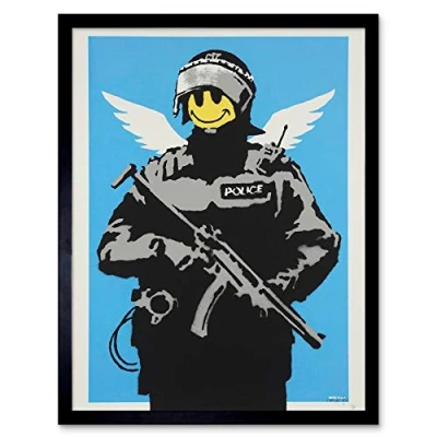 Image of Wee Blue Coo Banksy Happy Angel Policeman Graffiti Street Art Print Framed Poster Wall Decor 12X16 Inch