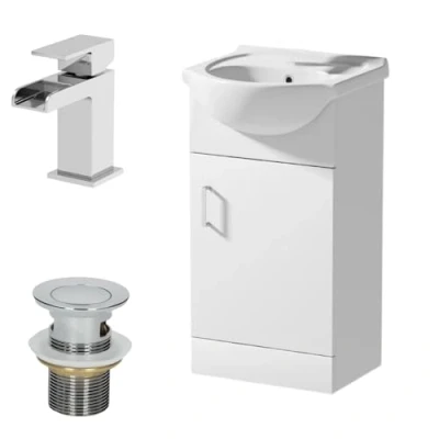 Image of Affine 450mm Floorstanding Bathroom Vanity Unit &amp; Basin Sink Gloss White Dakota Tap + Waste