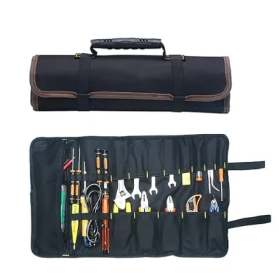 Image of Portable Tools Bag MASO 22 Pockets 600D Oxford Canvas Tool Roll Up Big Tote Carrier Organizer, Easy Storage &amp; Best for Craftwork Handymen Repairmen BLACK