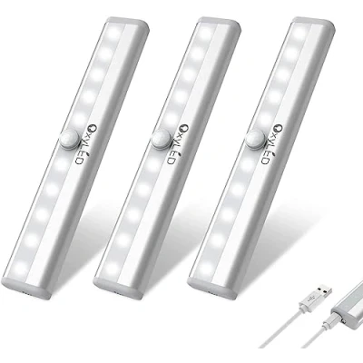 Image of OxyLED Motion Sensor Lights Indoor, Wardrobe 3 Pack Under Cabinet Kitchen with Magnetic Strip 6000K USB Rechargeable Led Closet for Stairs