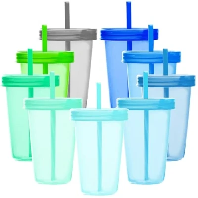 Image of Youngever 9 Sets 500ML Plastic Cups with Lids and Straws, Reusable Straws (Coastal Colors)