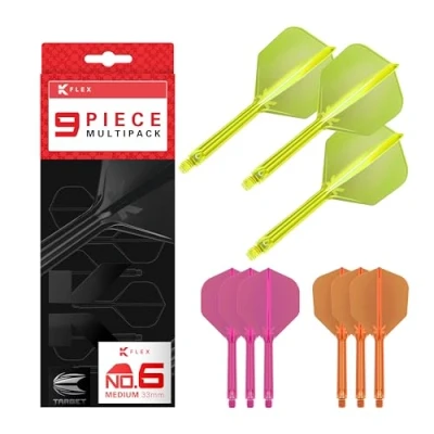 Image of TARGET Darts K Flex Integrated Dart Flights and Shafts, Medium Stem (33mm), No.6 Flight, 9 pack Bundle, Neon Pink, Orange &amp; Yellow